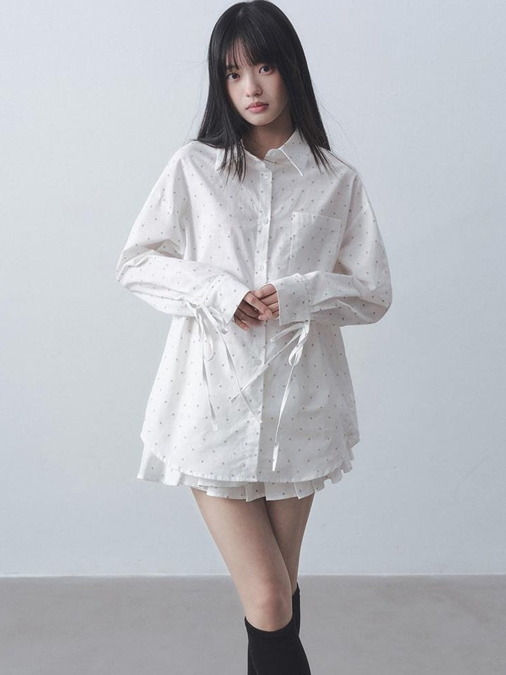 DDGIRL studio Quick Dry Pleated Polka Dot High Waist Button Shirt Women Top & Skirt Sets