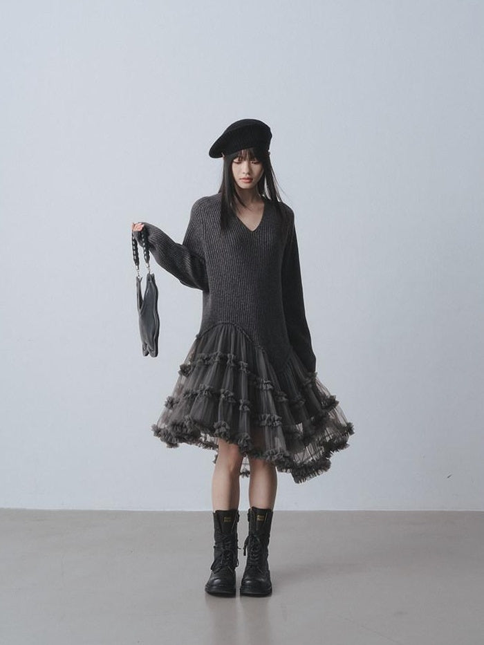DDGIRL studio Warm 100 Percent Wool High Waist Mesh Splice A Line Sweater Midi Dresses