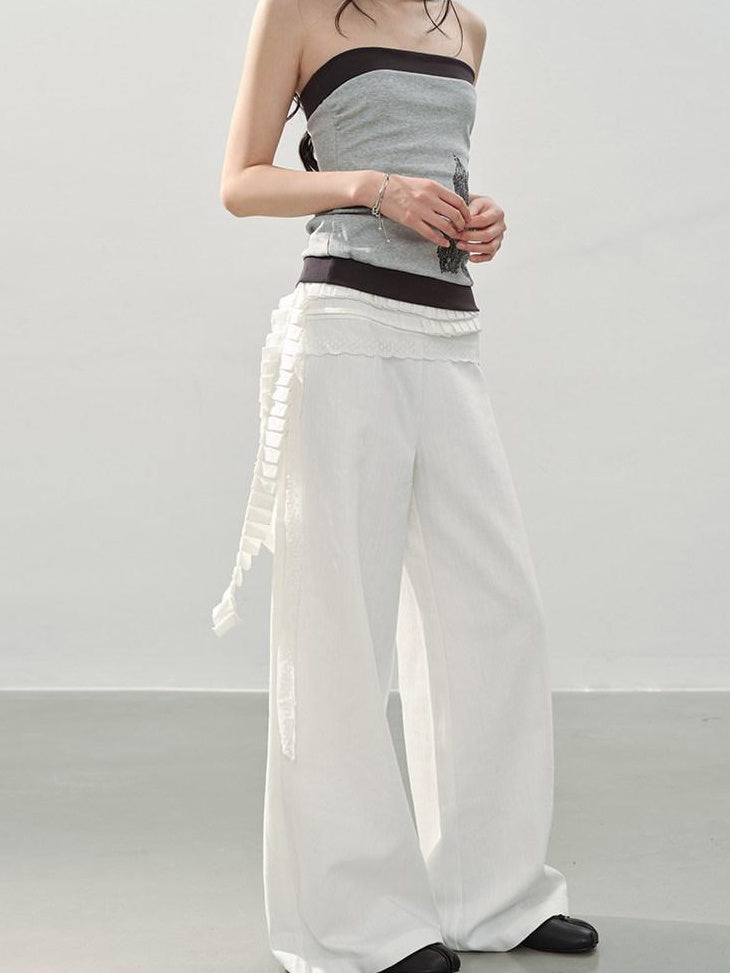 DDGIRL studio High Waist Shape Retaining Casual Lace Trim Solid White Women Wide Leg Pants