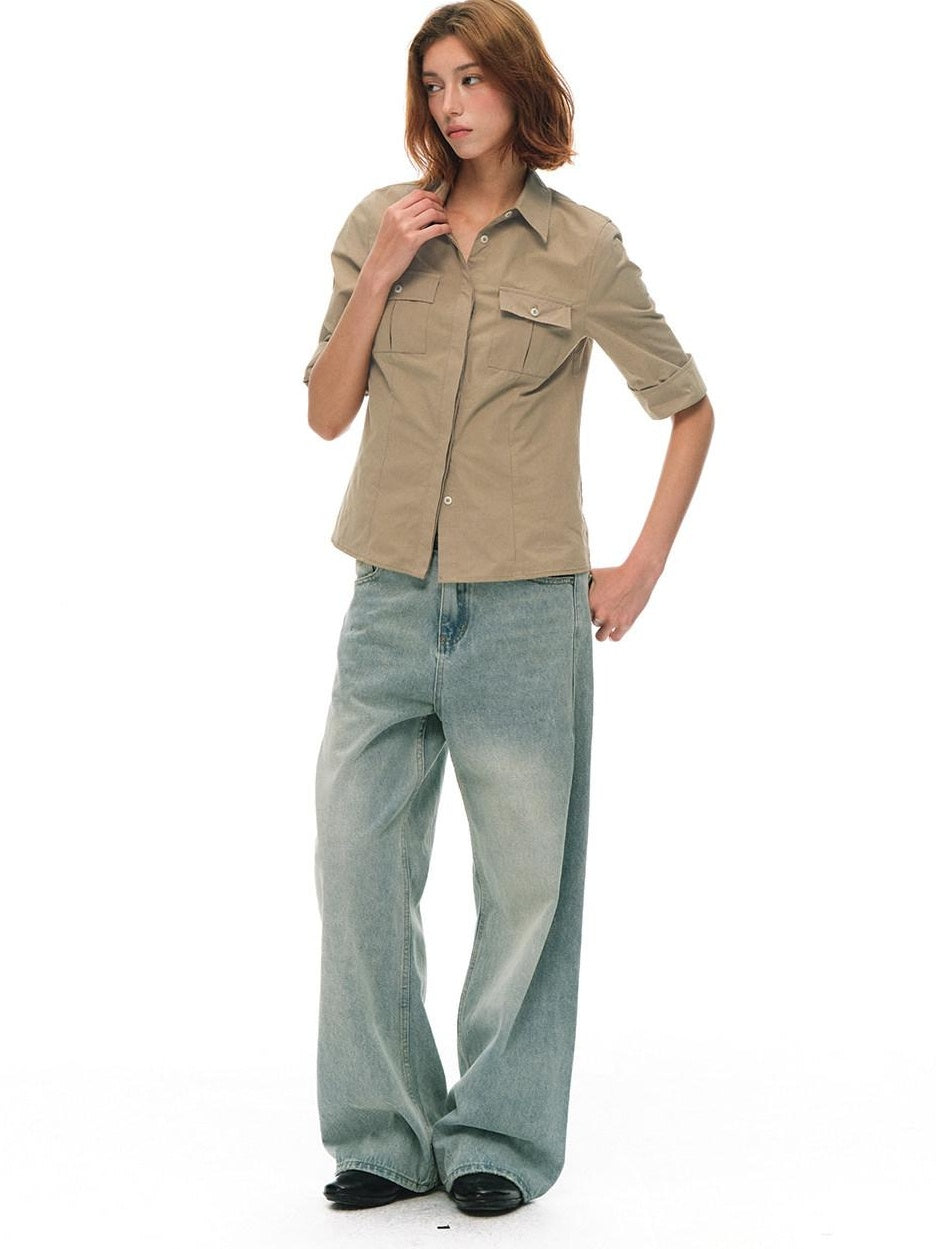 Country Moment Breathable Cotton Slim Fit Collared Half Sleeve Khaki Women Patch Pocket Shirts