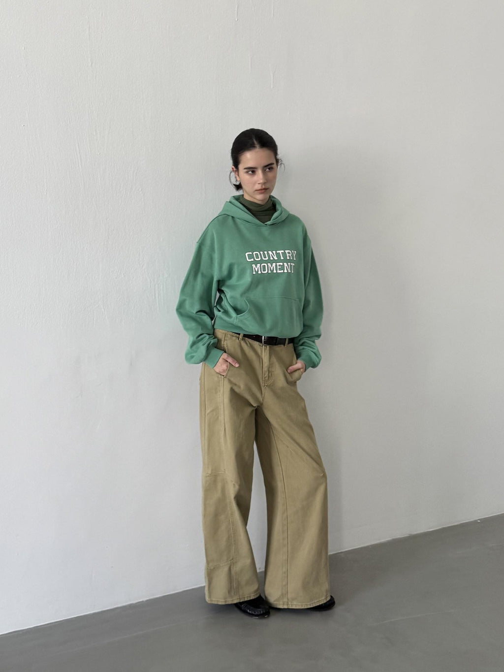 Country Moment Cropped Heavyweight Cotton Printed Loose Fit Unisex Green Streetwear Hoodie