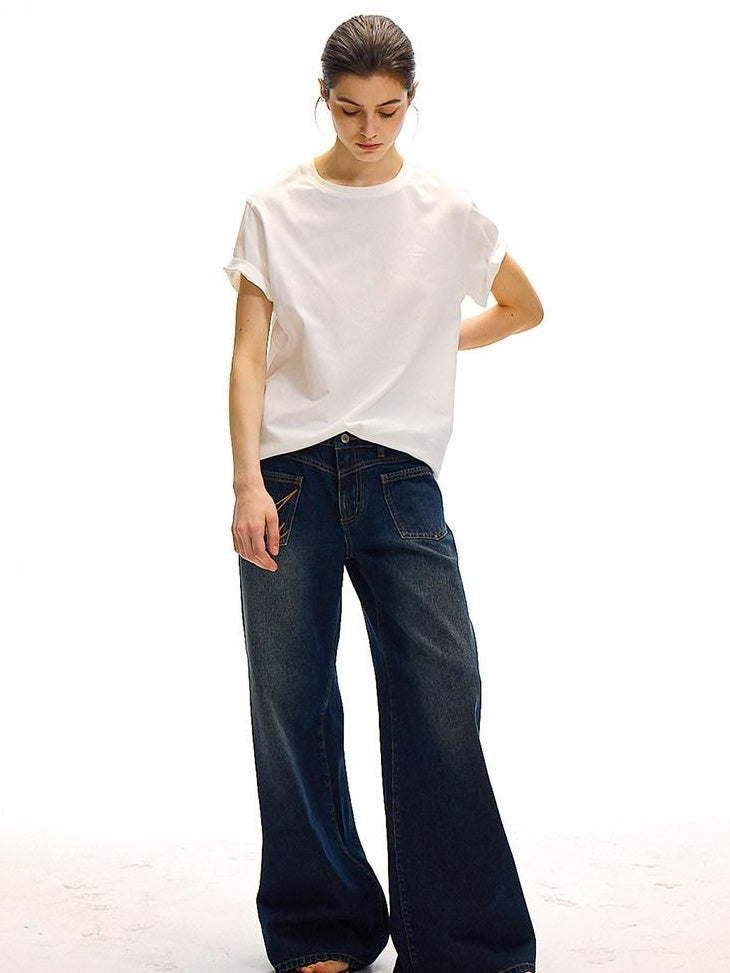 Country Moment High Waist Washed Denim Casual Loose Fit Zipper Fly Wide Leg Jeans