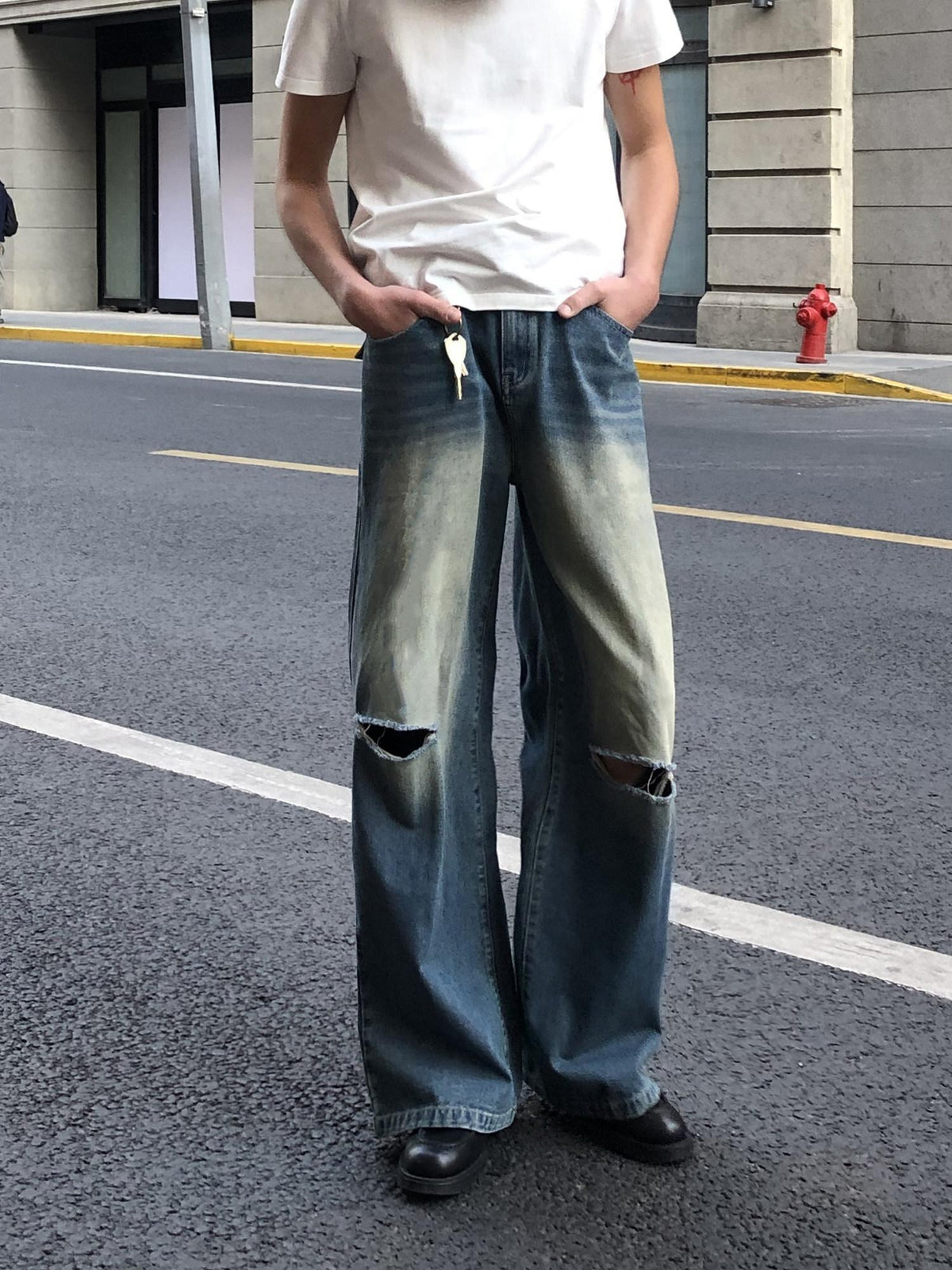 Country Moment Vintage Blue Stone Wash Ripped Mid Rise Loose Cotton Straight Leg Jeans