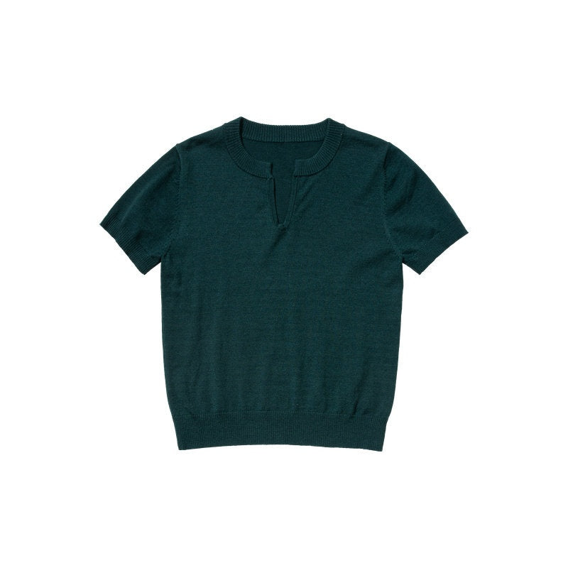 Country_Moment_Silk_Wool_Blend_Patchwork_V-neck_Slim_Fit_Work_Olive_Brown_Short_Sleeve_T-Shirts_MISSTT