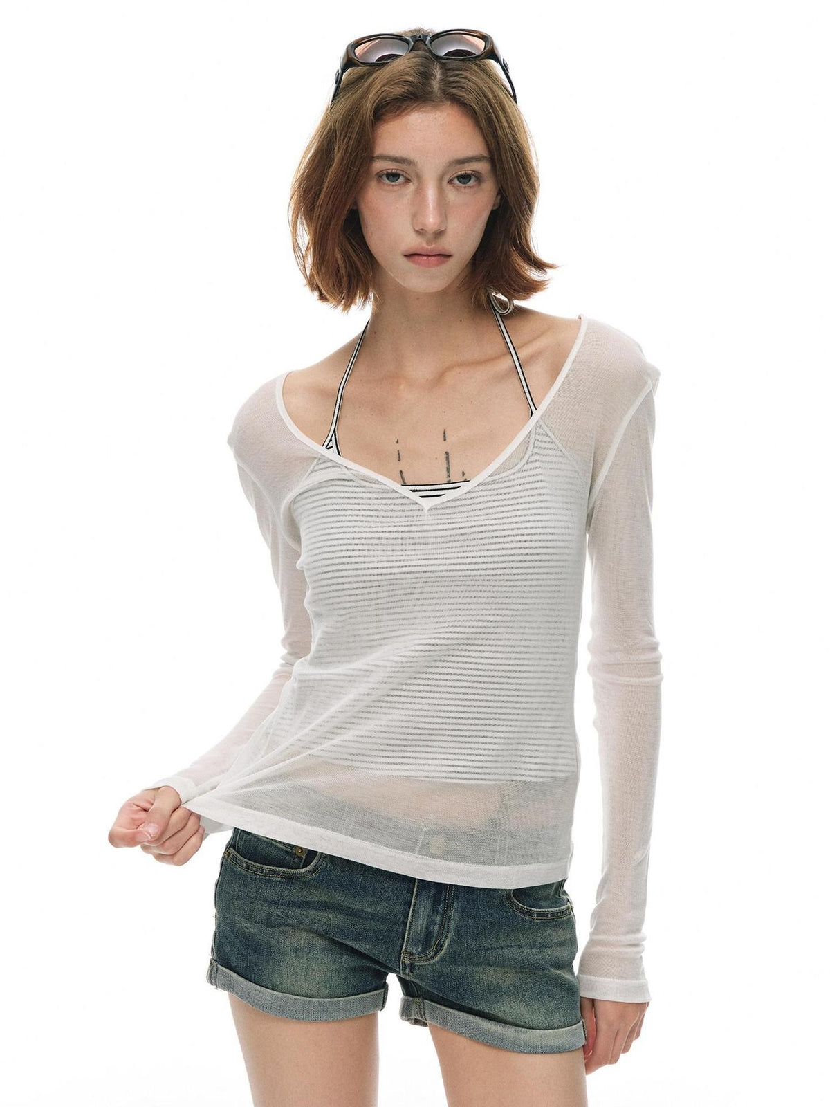 Country Moment Breathable Slim Striped V-neck Unisex Tencel Cotton Backless Camisoles