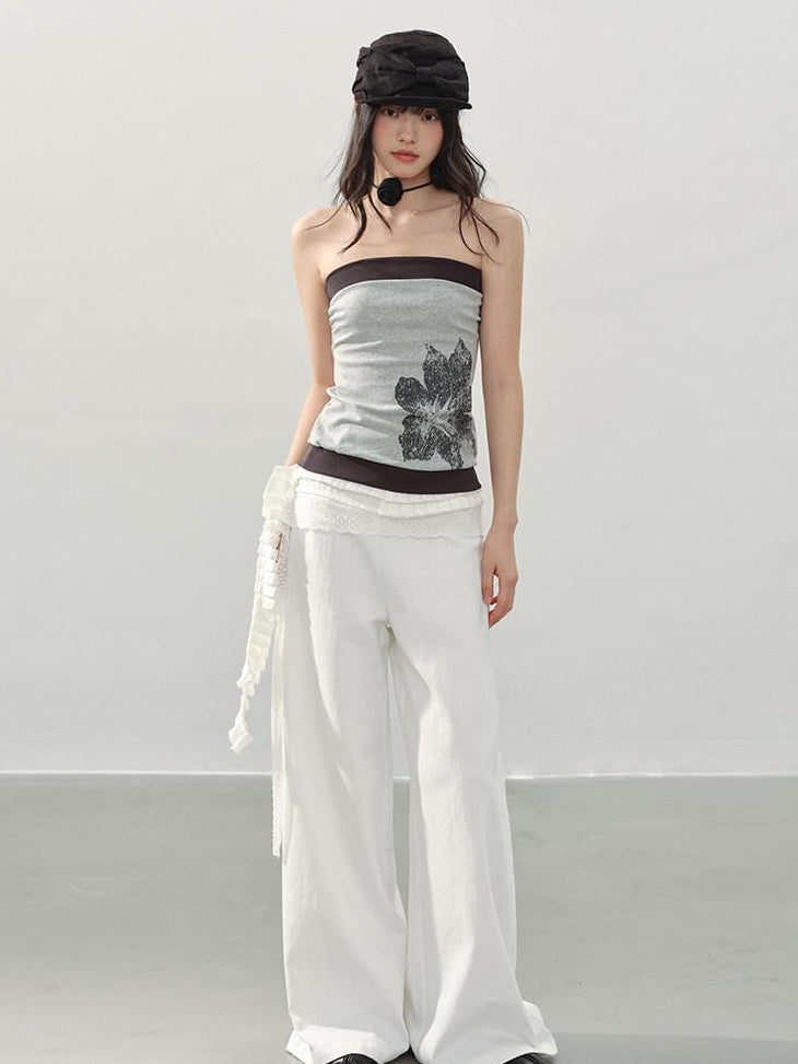 DDGIRL studio High Waist Shape Retaining Casual Lace Trim Solid White Women Wide Leg Pants