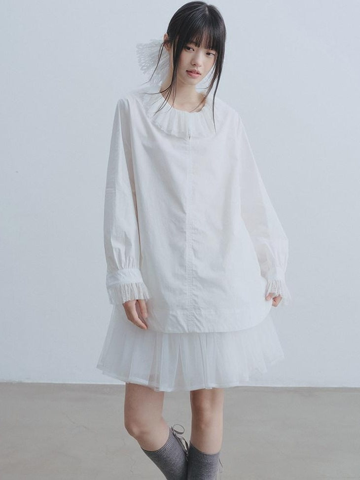 DDGIRL studio Breathable Cotton Lace Doll Collar Petal Sleeve Long Loose Commuter White Shirts