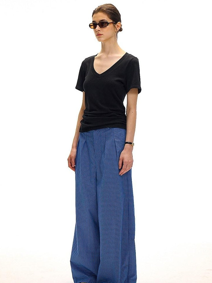 Country Moment 100 Percent Cotton Vintage Natural Waist Pockets Gem Blue Plaid Wide Leg Pants