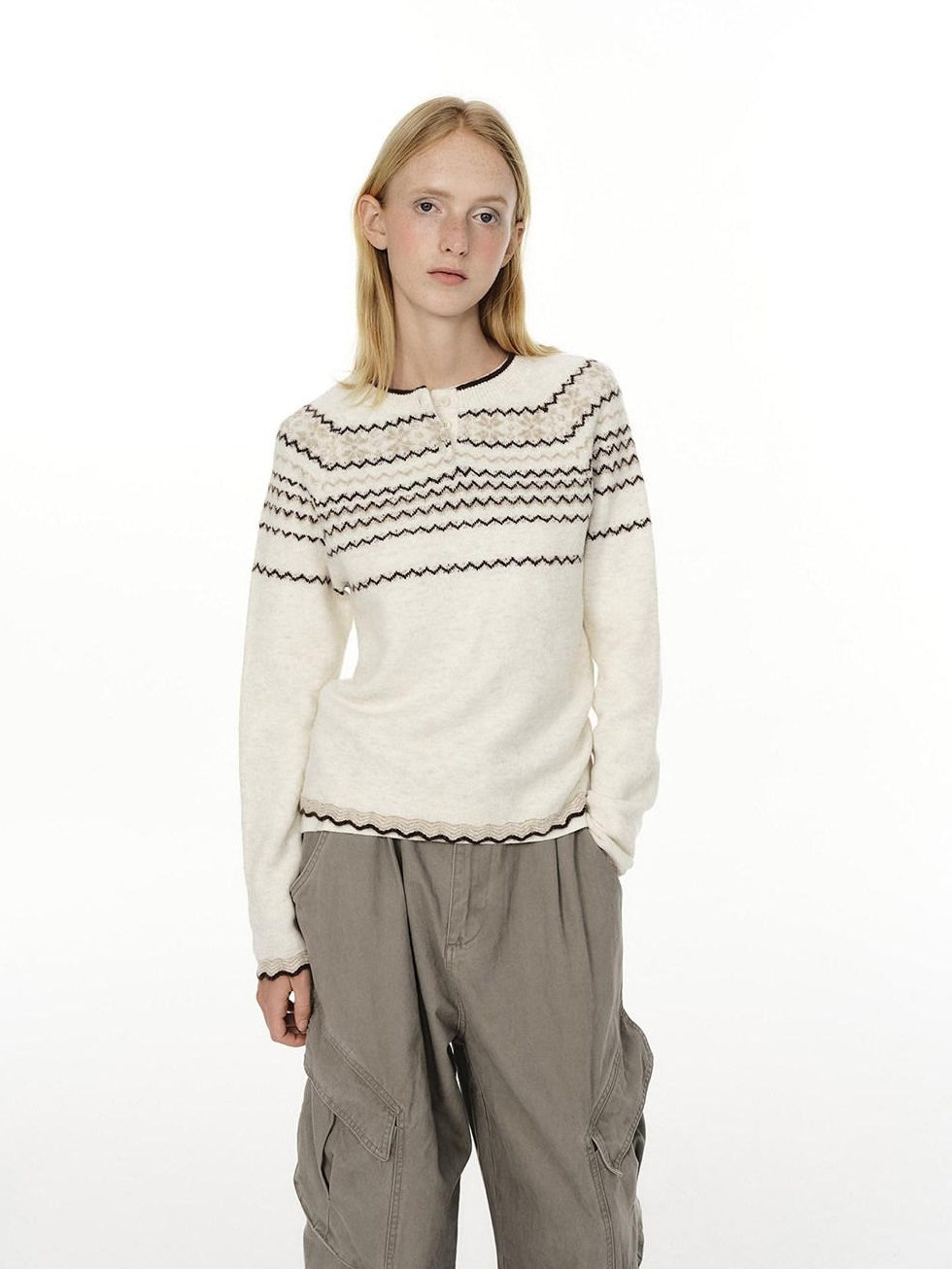 Country Moment Jacquard Henley Button Pullover Slim Fit Youth Wool Blend Striped Sweaters