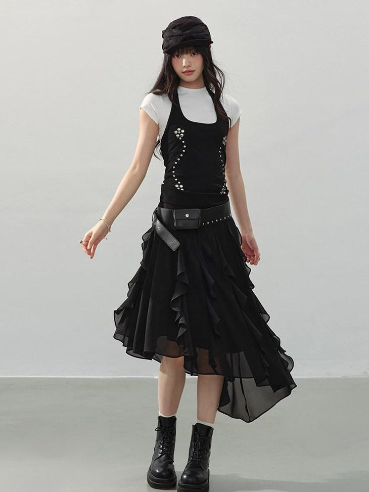 DDGIRL studio Fade Resistant Lined Asymmetrical High Waist Black Irregular Women Midi Skirts