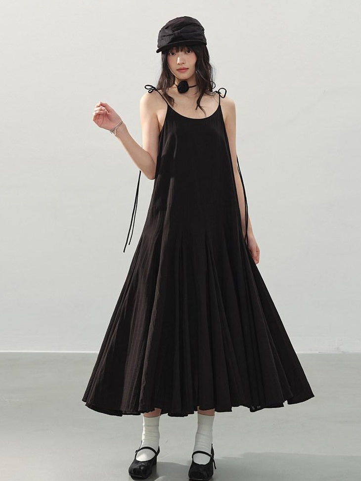 DDGIRL studio Soft Washed Cotton Pleated Elegant A Line U Neck Sleeveless Black Midi Dresses