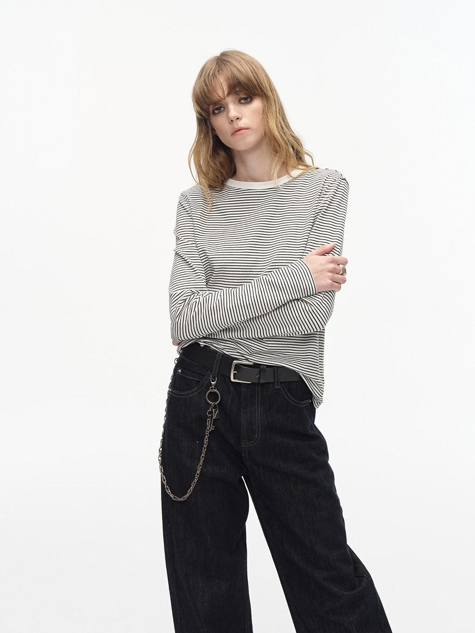 Country Moment Breathable Cotton Slim Fit Contrast Striped Crew Neck Women Long Sleeve T-Shirts