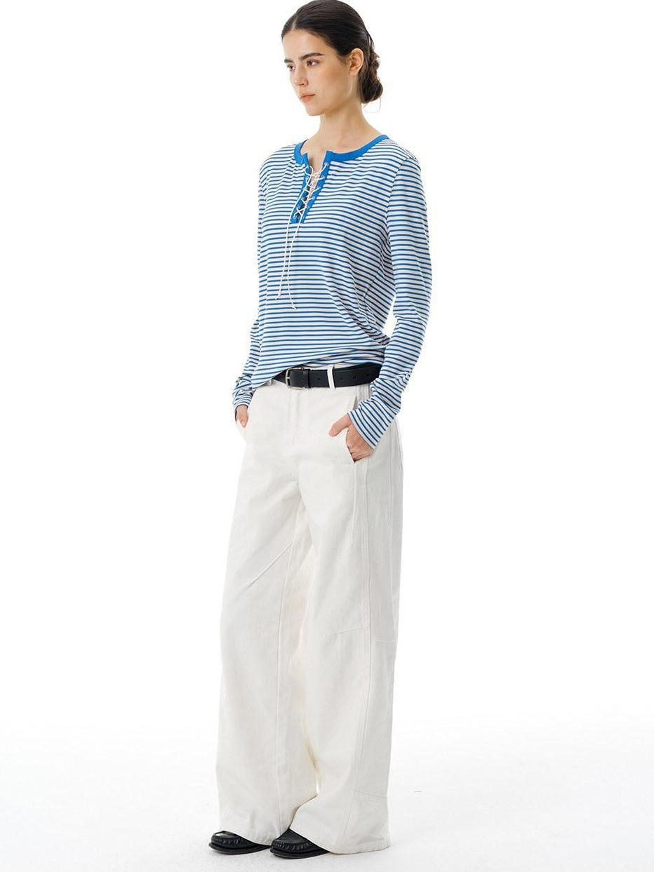 Country Moment Stretch Polyester Henley Tie Blue White Striped Unisex Long Sleeve T-Shirts