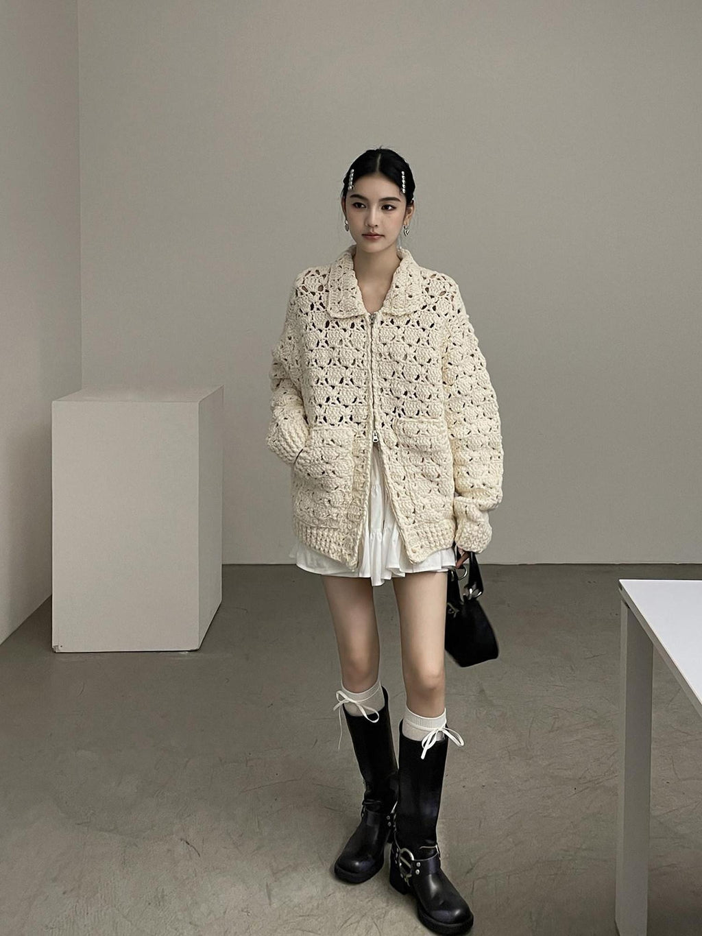 DDGIRL studio Cozy Wool Blend Longline Cardigan Office Commuter One Size Ivory Knit Sweaters