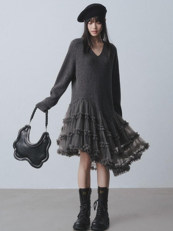 DDGIRL studio Warm 100 Percent Wool High Waist Mesh Splice A Line Sweater Midi Dresses
