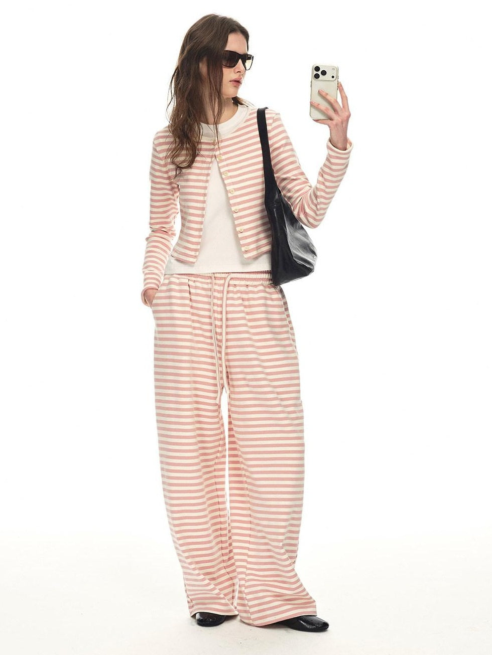 Country Moment Breathable Cotton Slim Fit Piped Pink Striped Casual Top & Pants Sets