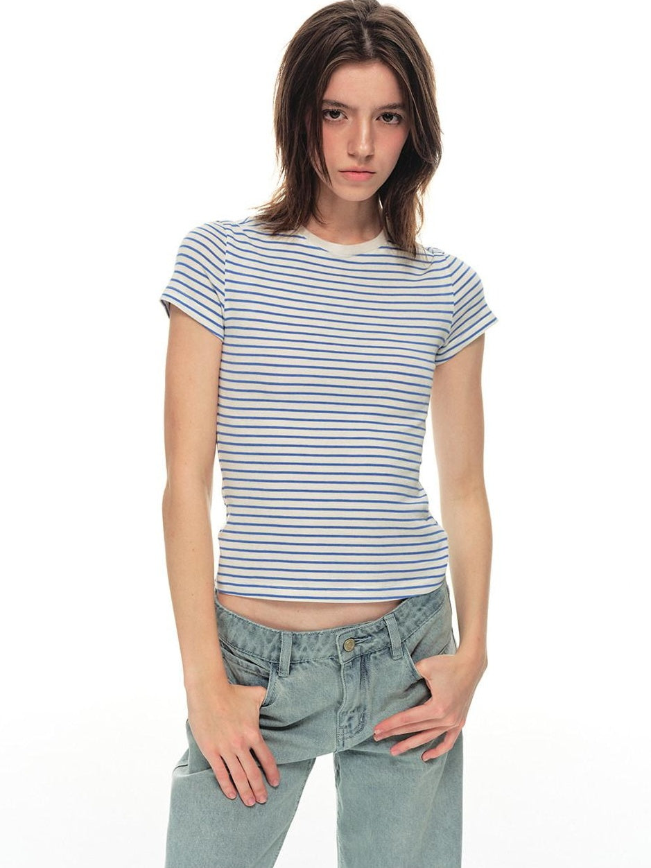 Country Moment Lyocell Wool Blend Striped Slim Fit Women Navy Casual Short Sleeve T-Shirts