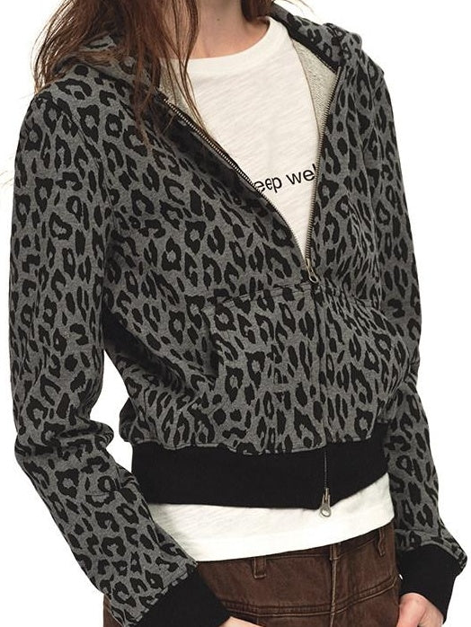 Country Moment 100% Cotton Loose Zip Crop Hooded Leopard Print Women Black Grey Hoodie