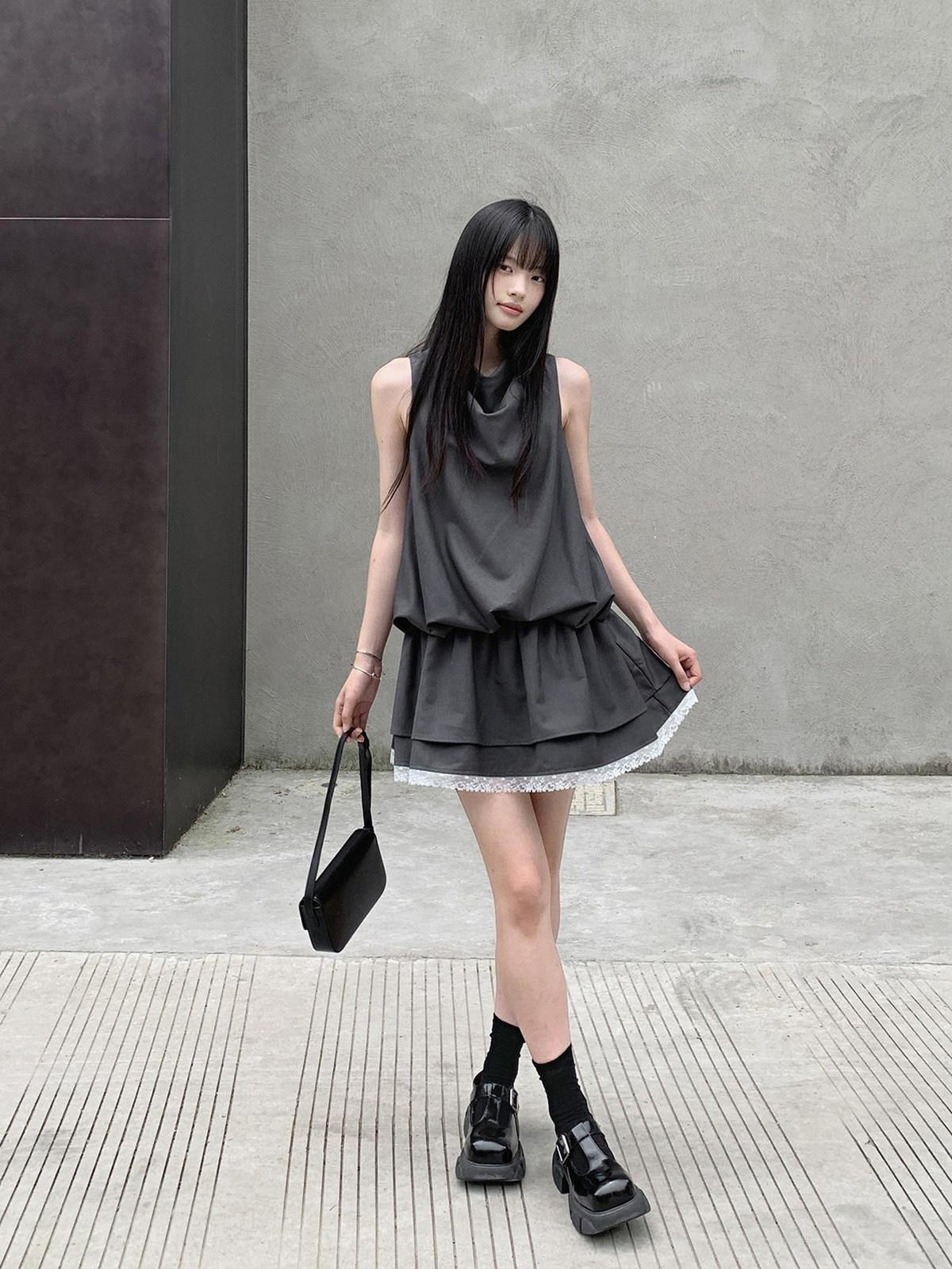 DDGIRL studio Lace Panel High Waist A Line Sleeveless Commuter Young Women Mini Dresses
