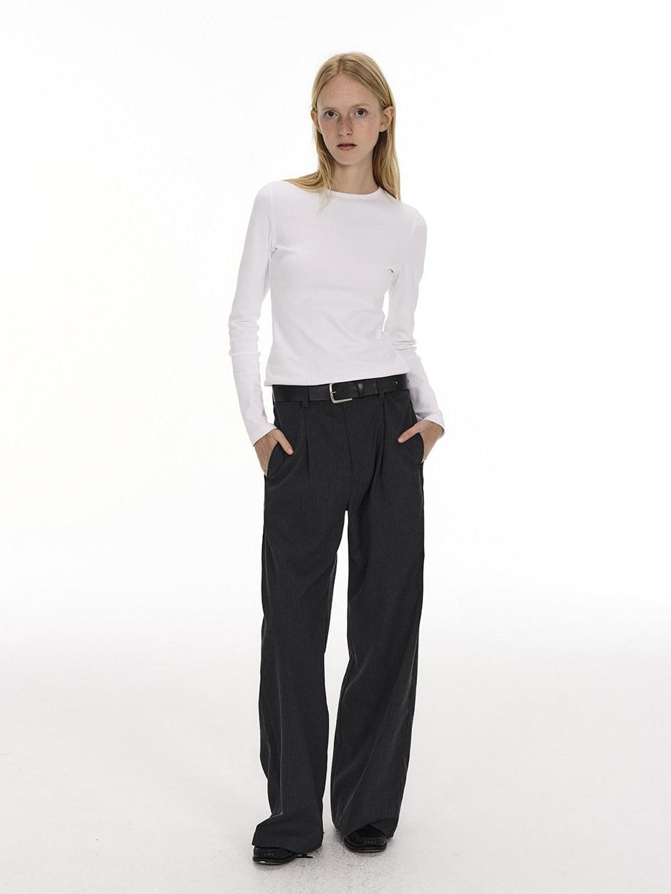 Country Moment Black Striped Midrise Wide Leg Casual Zipper Polyester Straight Pants