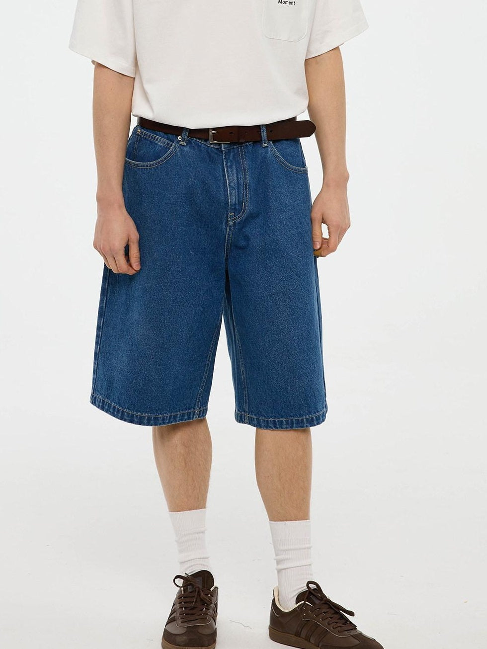 Country Moment Cotton Denim Mid High Waist Loose Straight Casual Zip Fly Mid-Length Shorts