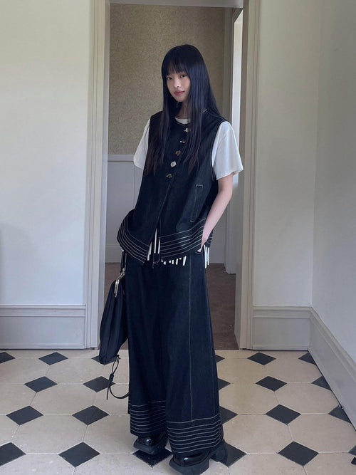 DDGIRL studio 100 Percent Cotton Button Black Vest Two Piece Casual Youth Top & Pants Sets