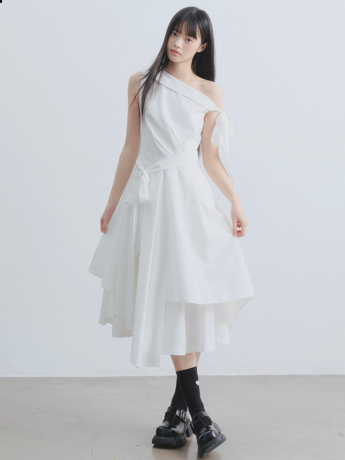 DDGIRL studio High Waist Asymmetric One Shoulder Workwear A Line Side Zipper Midi Dresses