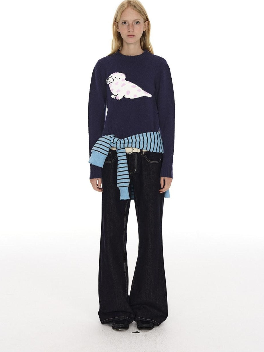 Country Moment Soft Slim Embroidered Seal Youthful Unisex Everyday Acrylic Round Neck Sweaters