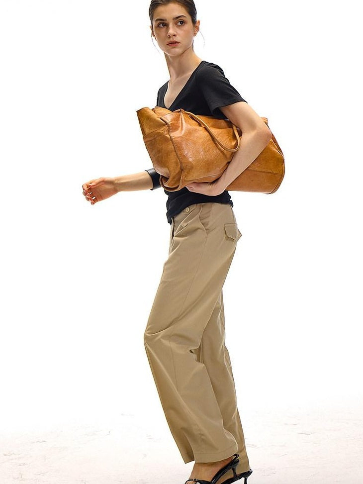 Country Moment Minimalist Slim Fit Zip Fly Natural Waist Office Workwear Khaki Straight Pants