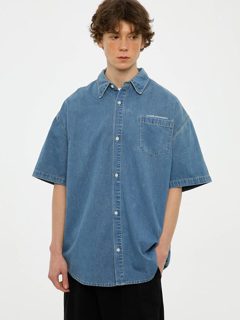 Country Moment 100% Cotton Square Neck Loose Short Sleeve Japanese Vintage Teen Blue Shirts