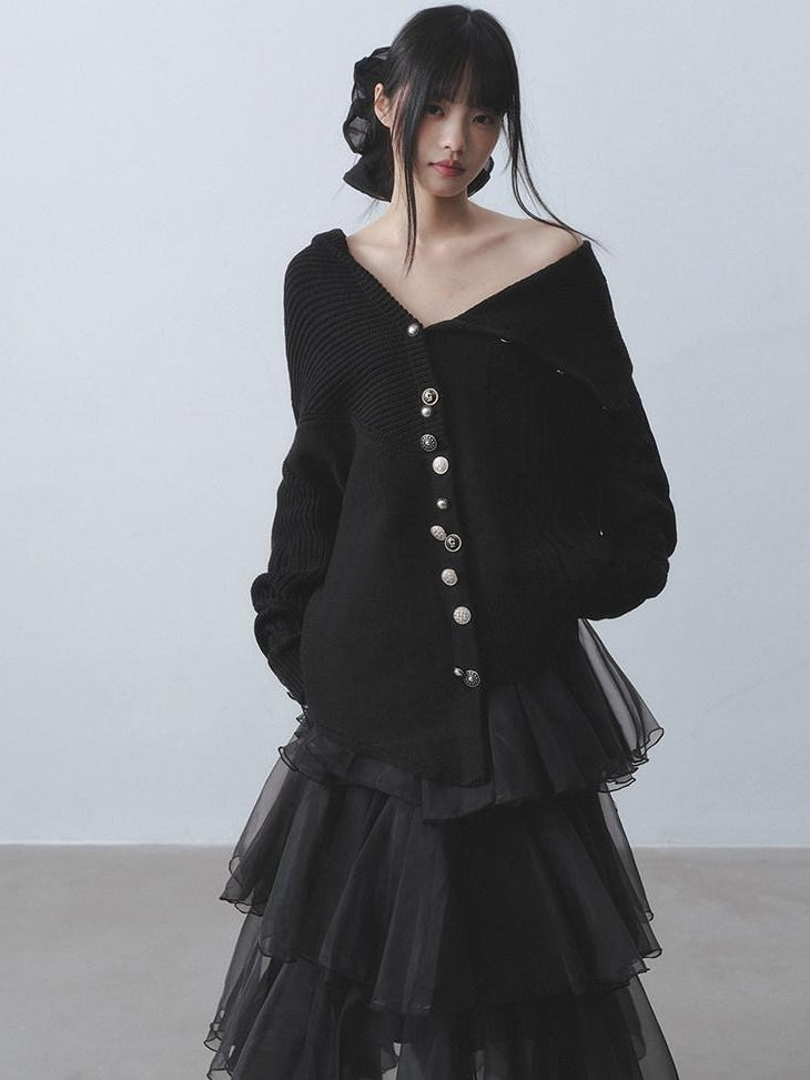 DDGIRL studio Soft Relaxed Ribbed Button Mid Length Women Campus Cotton Blend Black Cardigans