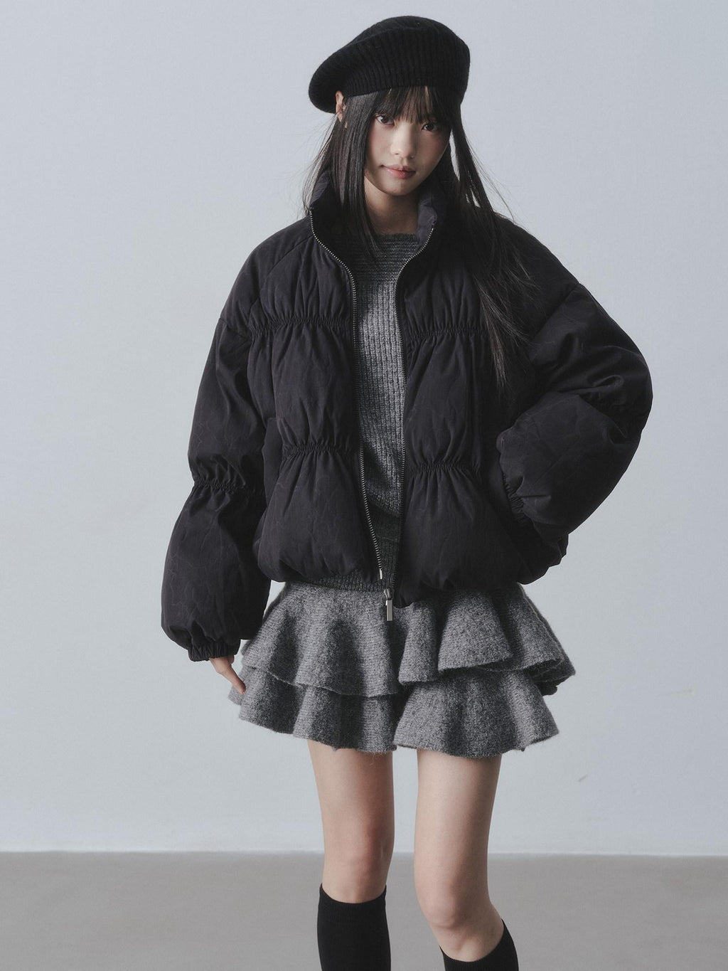 DDGIRL studio Cozy Knit Warm Girly Ruffle Bardot Neckline High Waist Grey Top & Skirt Sets