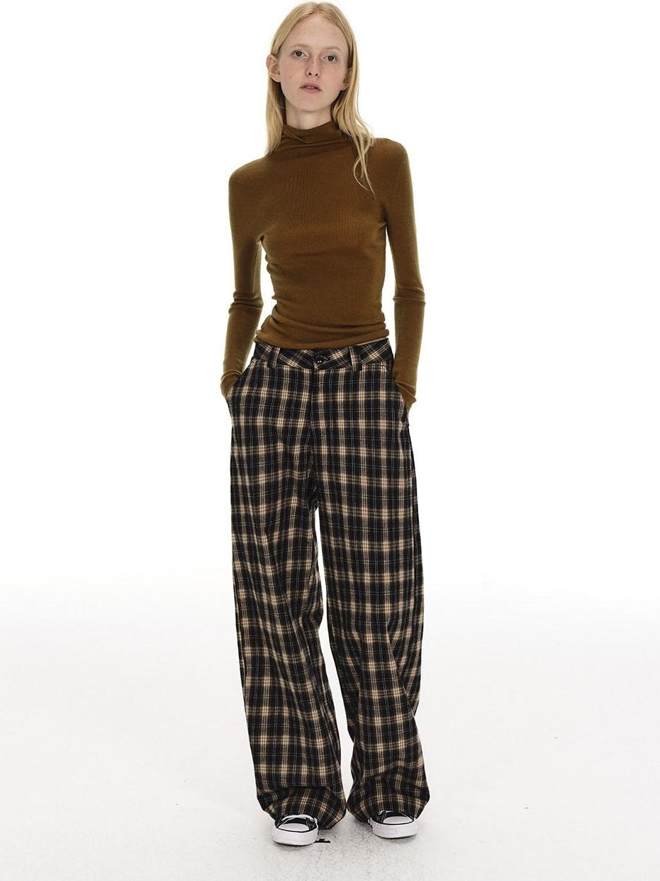 Country Moment 100% Cotton Vintage Wide Leg Black Brown Plaid Natural Waist Straight Pants