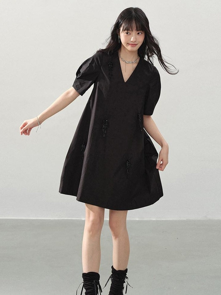 DDGIRL studio Beaded Soft Cotton A Line Puff Sleeve V-neck Back Zipper Black Mini Dresses