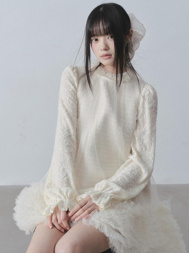 DDGIRL studio Ultra Soft Knit Petal Sleeve Pullover Office Casual Off White Mini Dresses