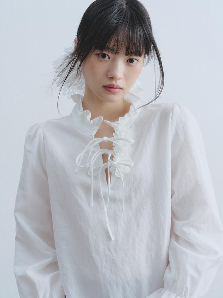 DDGIRL studio Breathable Non Deforming Ruffle Collar Bell Sleeve Straight Cut Commuter Shirts