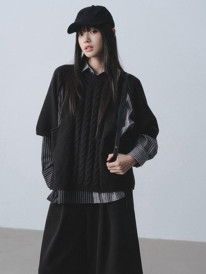 DDGIRL studio Warm Openwork Striped Knit Two Piece Loose Fit Collared Women Sweaters