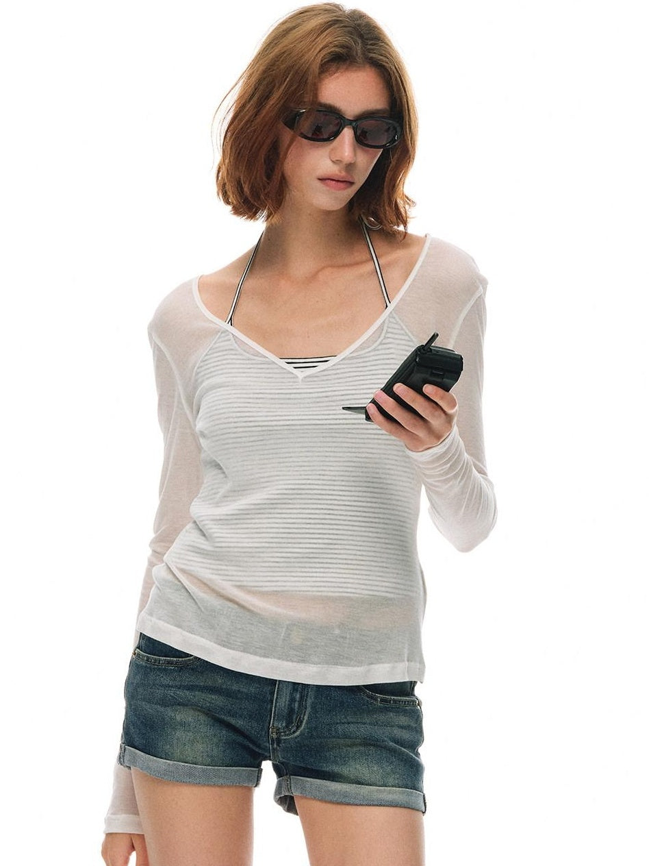 Country Moment Breathable Slim Striped V-neck Unisex Tencel Cotton Backless Camisoles
