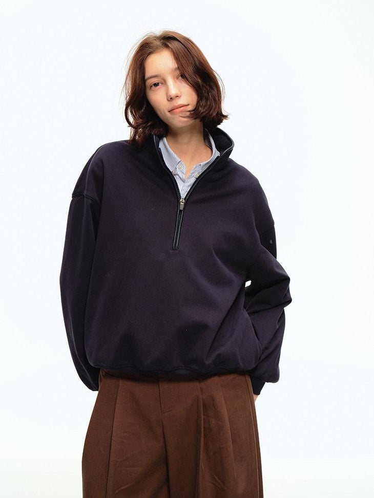 Country Moment Soft Cotton Blend Stand Collar Half Zip American Youth Casual Navy Sweatshirt