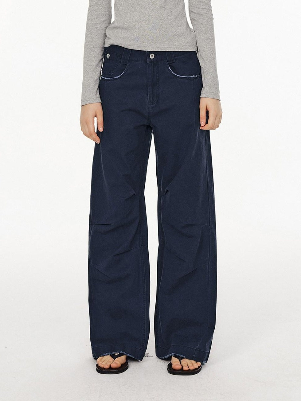 Country Moment Pure Cotton Wide Leg Button Fly Loose Casual Black Gray Navy Straight Pants