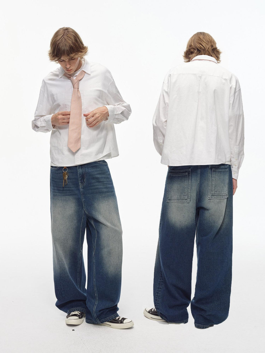 Country Moment Gradient Distressed Mid Rise Loose Straight Everyday Denim Blue Wide Leg Jeans