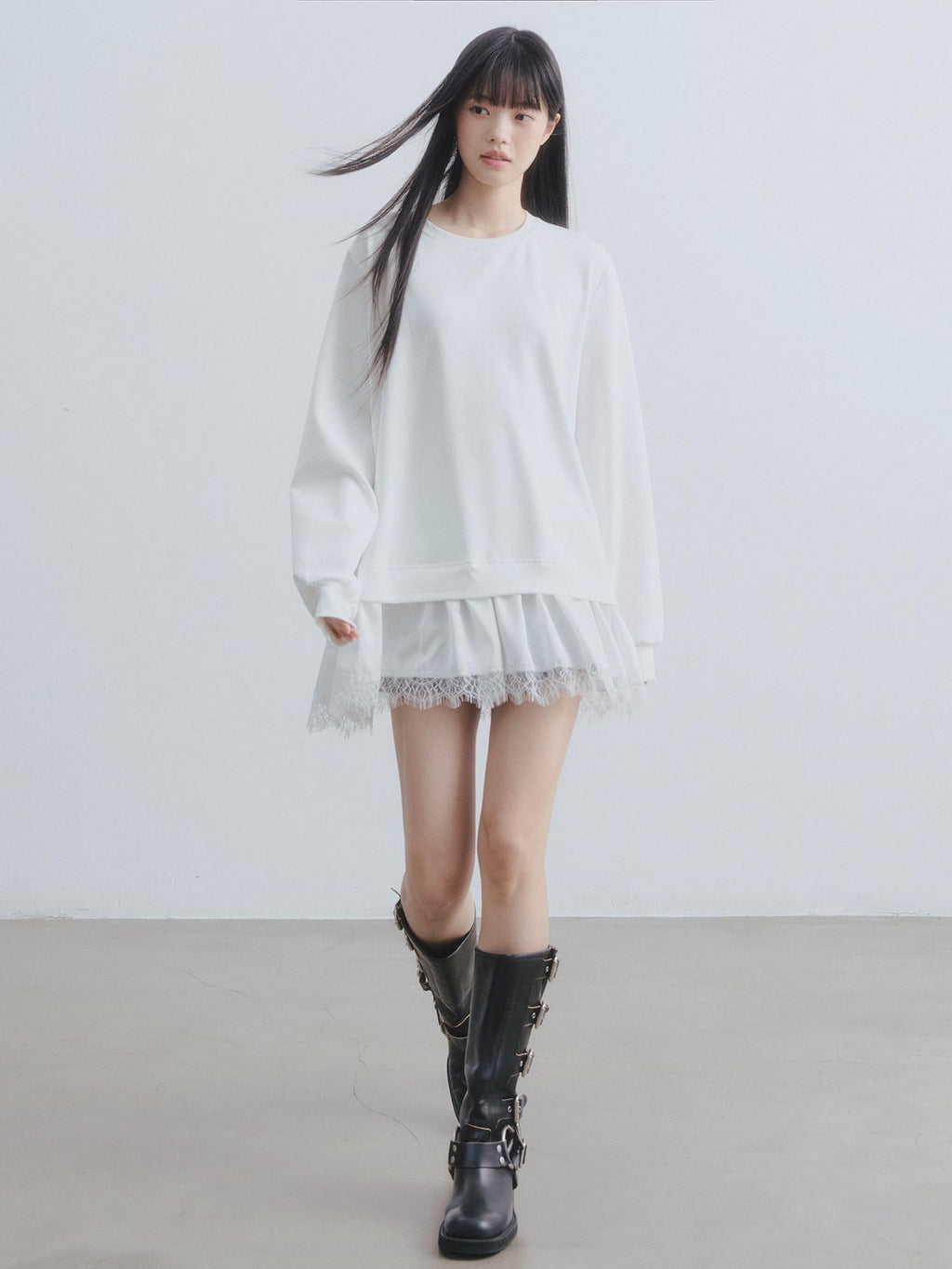 DDGIRL studio Soft Patchwork Loose Sweatshirt Girly Oversized Long Sleeve White Mini Dresses