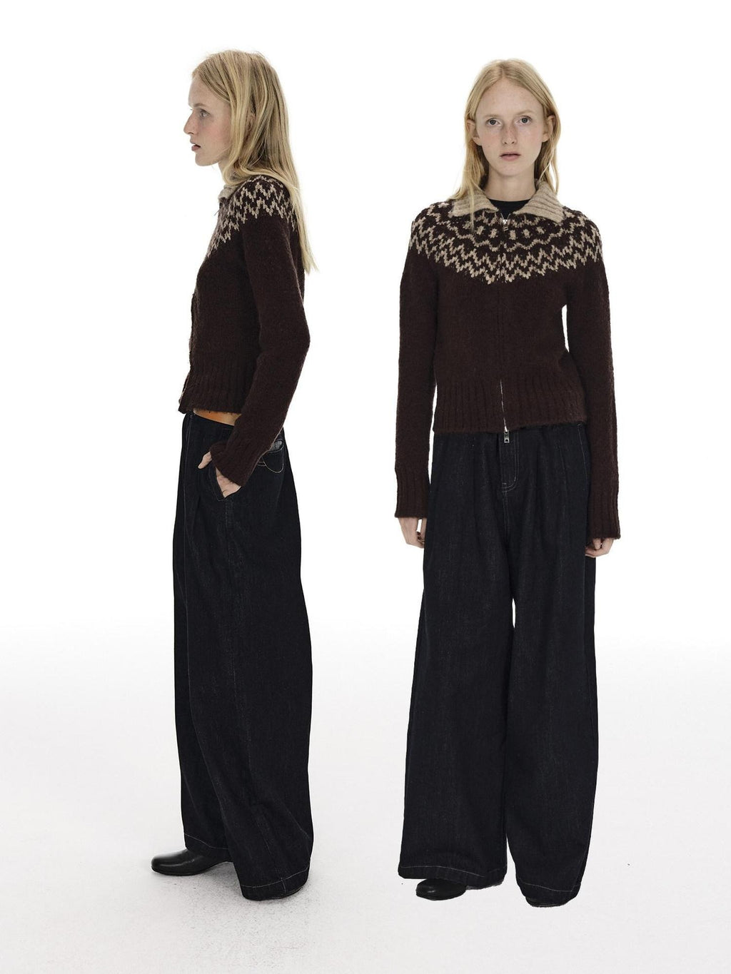 Country Moment Soft Wool Blend Thermal Slim Jacquard Zip Front Unisex Brown Cardigans