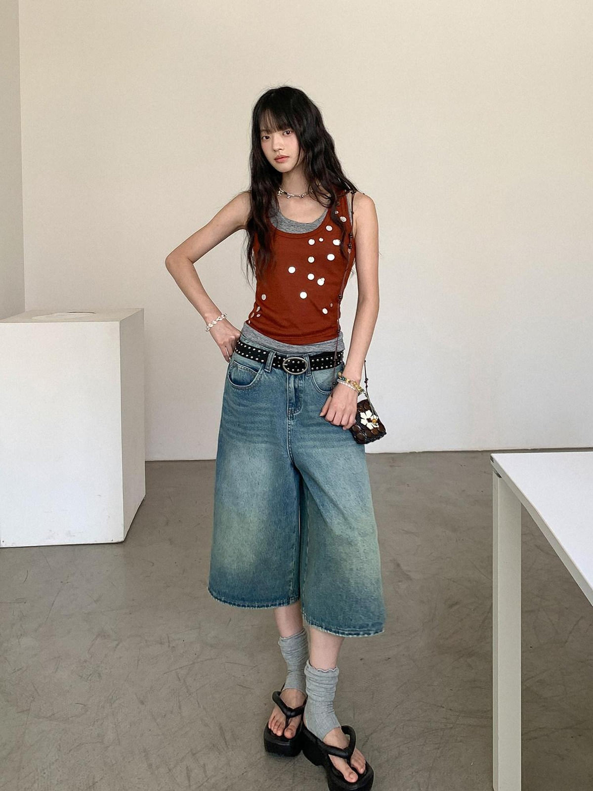 DDGIRL studio Stretch Cotton Knit Slim Camisole U Neck Sequin Women Office Top & Pants Sets