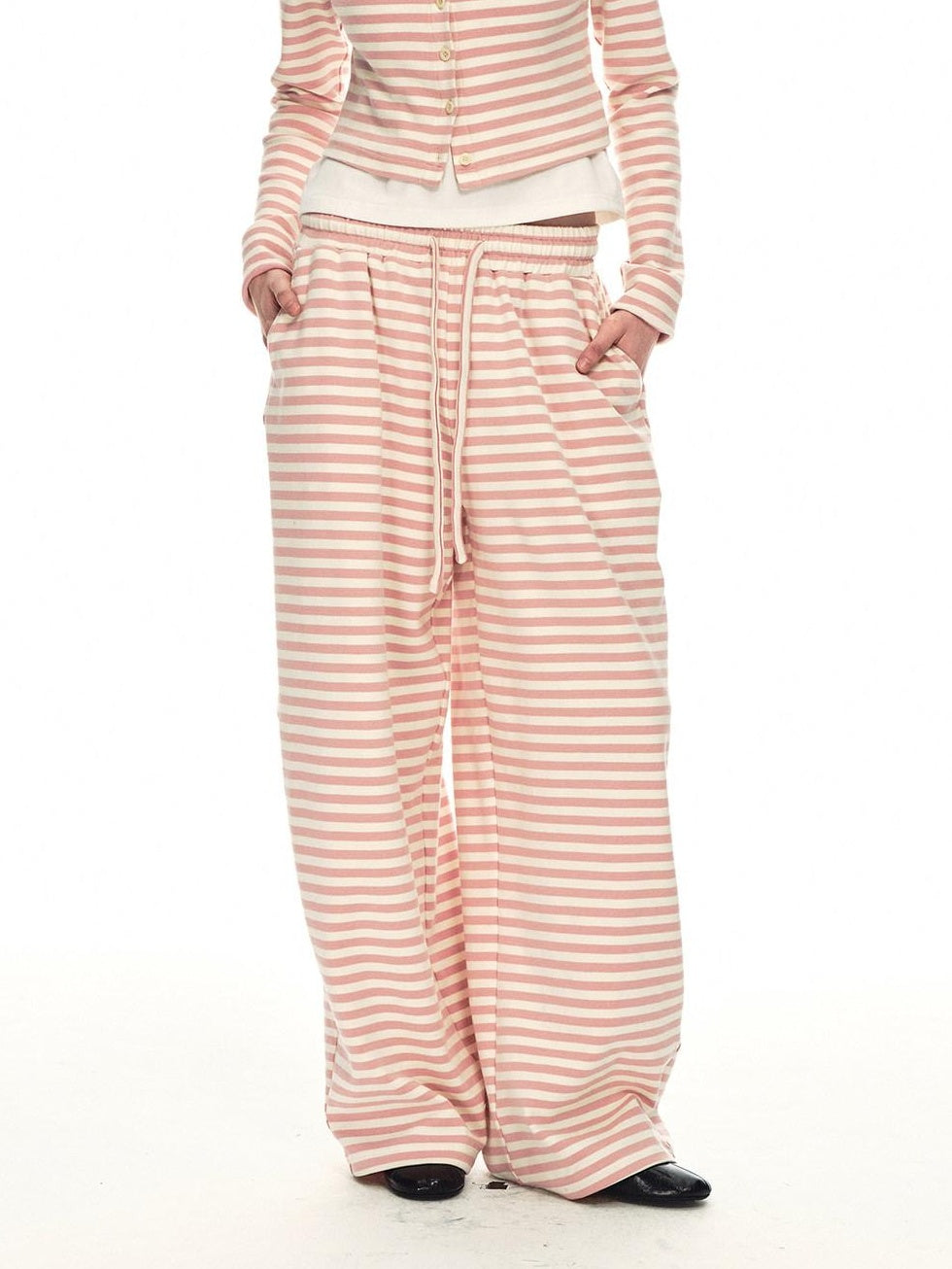 Country Moment Breathable Cotton Slim Fit Piped Pink Striped Casual Top & Pants Sets