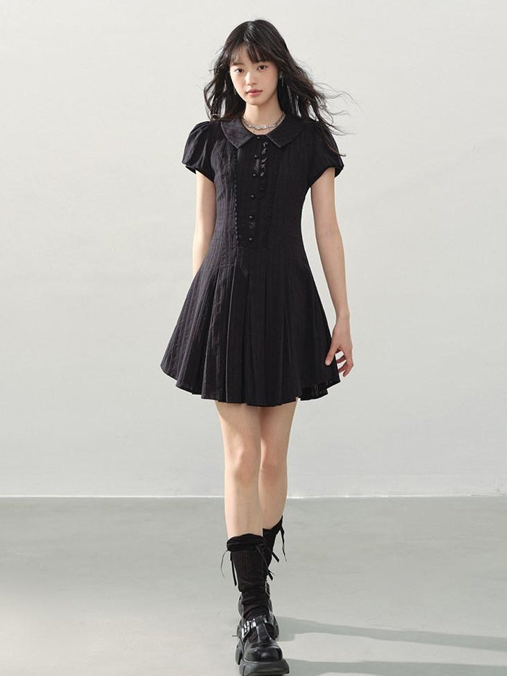 DDGIRL studio Sweet Cotton A Line Puff Sleeve Doll Collar Fitted Waist Midi Dresses