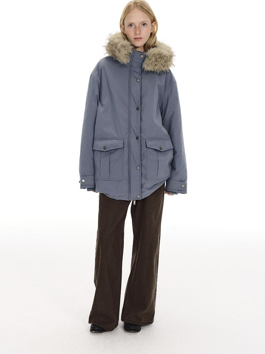 Country Moment Warm Cotton Lined Oversized Quilted Hooded Light Gray Youth Puffer Jackets