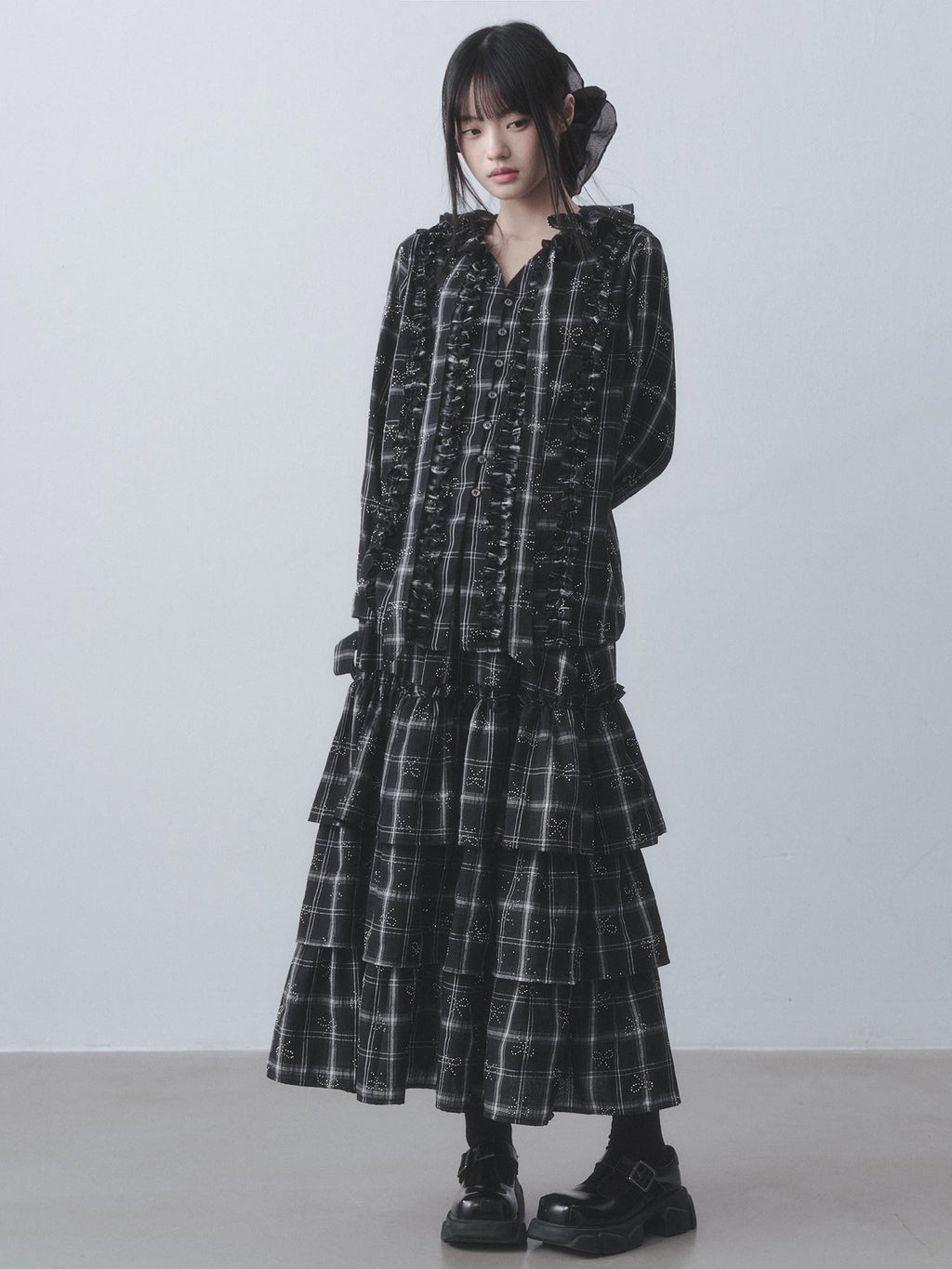 DDGIRL studio Wrinkle Free Black Plaid Collared Bow High Waist Loose Women Office Top & Skirt Sets