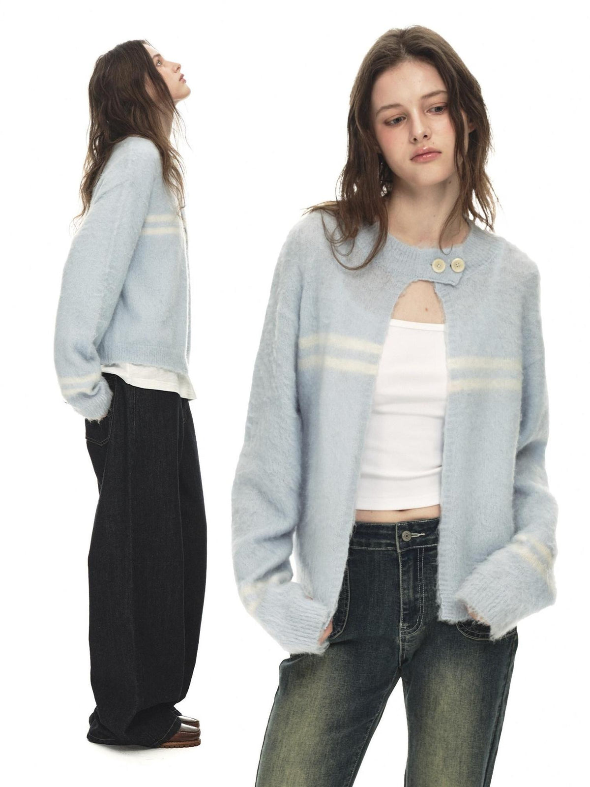 Country Moment Soft Wool Blend Light Blue Striped Relaxed Collar Women Breathable Cardigans
