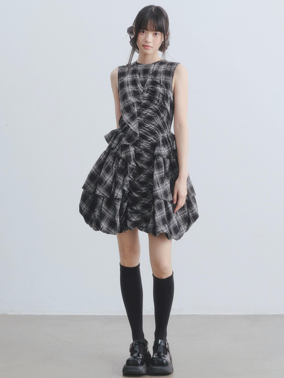 DDGIRL studio Soft Cotton Shirred A Line Sleeveless Checked Workwear Puff Skirt Mini Dresses
